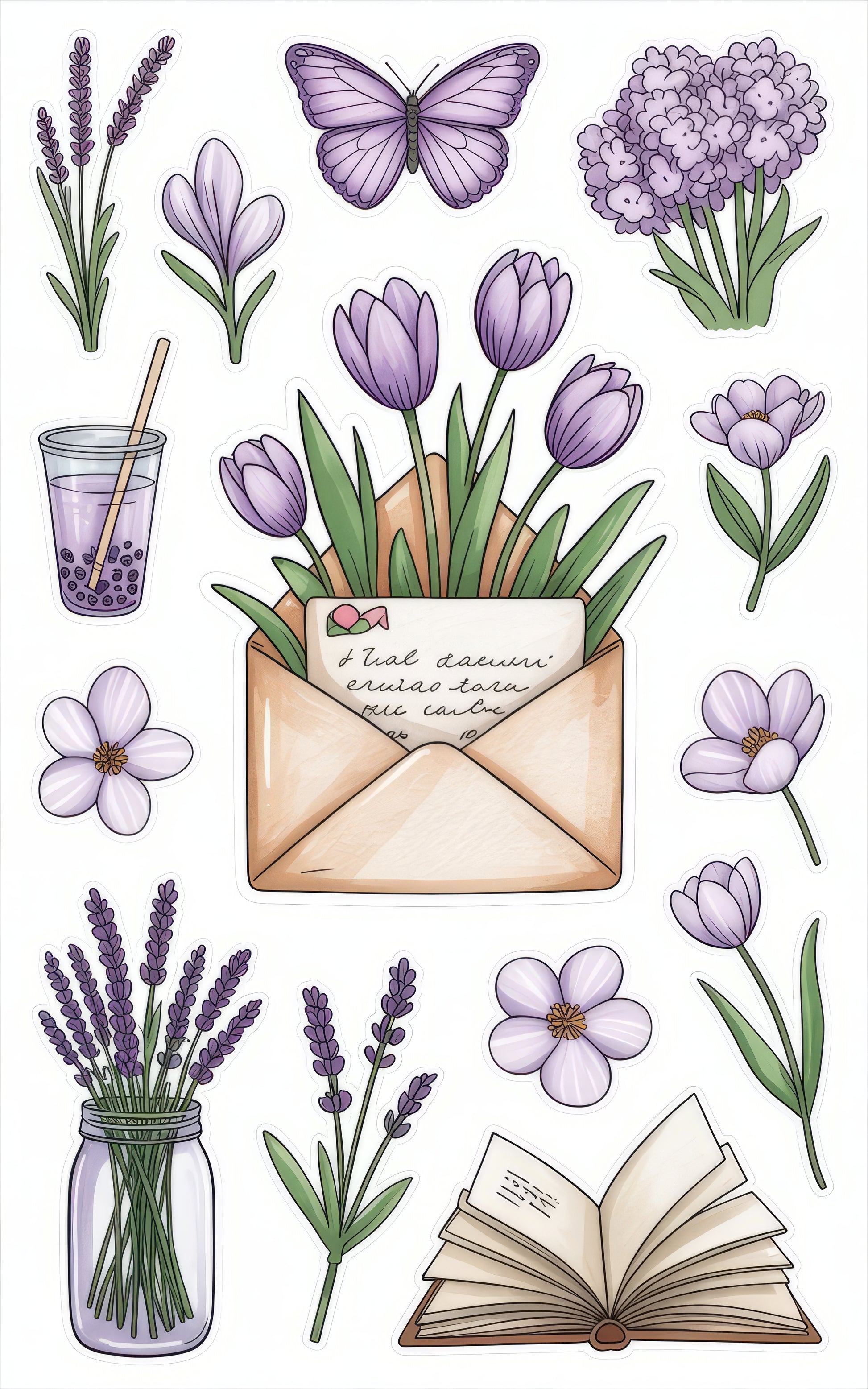 Lavender and Crocus Floral Stickers, Butterfly, Envelope, Book, Botanical Decals for Scrapbooking and Crafting
