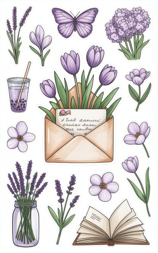 Lavender and Crocus Floral Stickers, Butterfly, Envelope, Book, Botanical Decals for Scrapbooking and Crafting