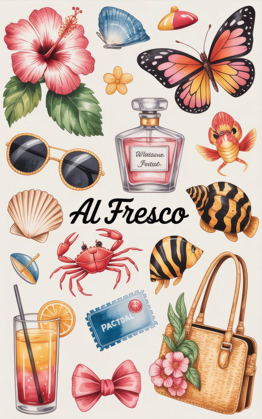 Vintage Al Fresco Summer Sticker Sheet, Floral Perfume Butterflies Sunglasses, Scrapbooking Decal Set