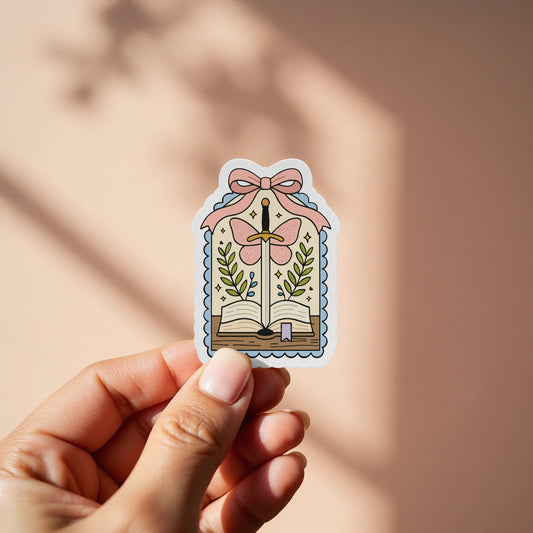 Hand Holding Enchanting Book and Dragonfly Sticker product