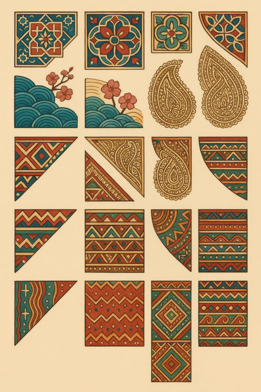 Vintage Inspired Pattern Prints, Geometric and Floral Designs, Wall Art Decor, Set of Colorful Abstract Illustrations