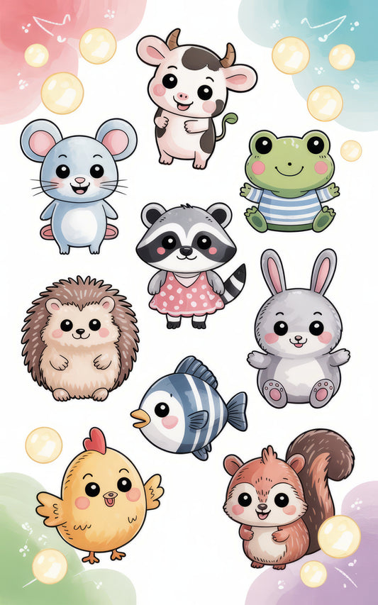 Cute Animal Stickers, Kids Room Decor, Waterproof Vinyl, Cartoon Mouse, Cow, Frog, Hedgehog, Raccoon, Bunny, Fish, Chicken, Squirrel