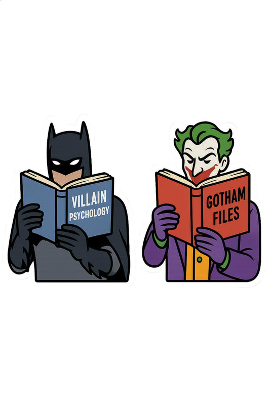Batman and Joker Reading Books Art Print, Comic Style Wall Decor, Villain Psychology, Gotham Files Illustration