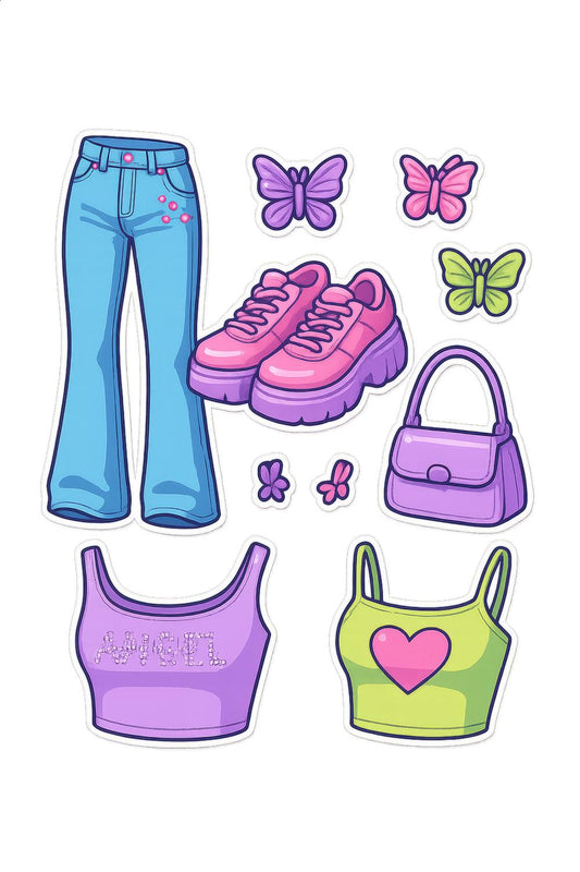 Cute Fashion Sticker Pack, Trendy Jeans, Pink Sneakers, Butterfly Stickers, Girls Accessories Decals