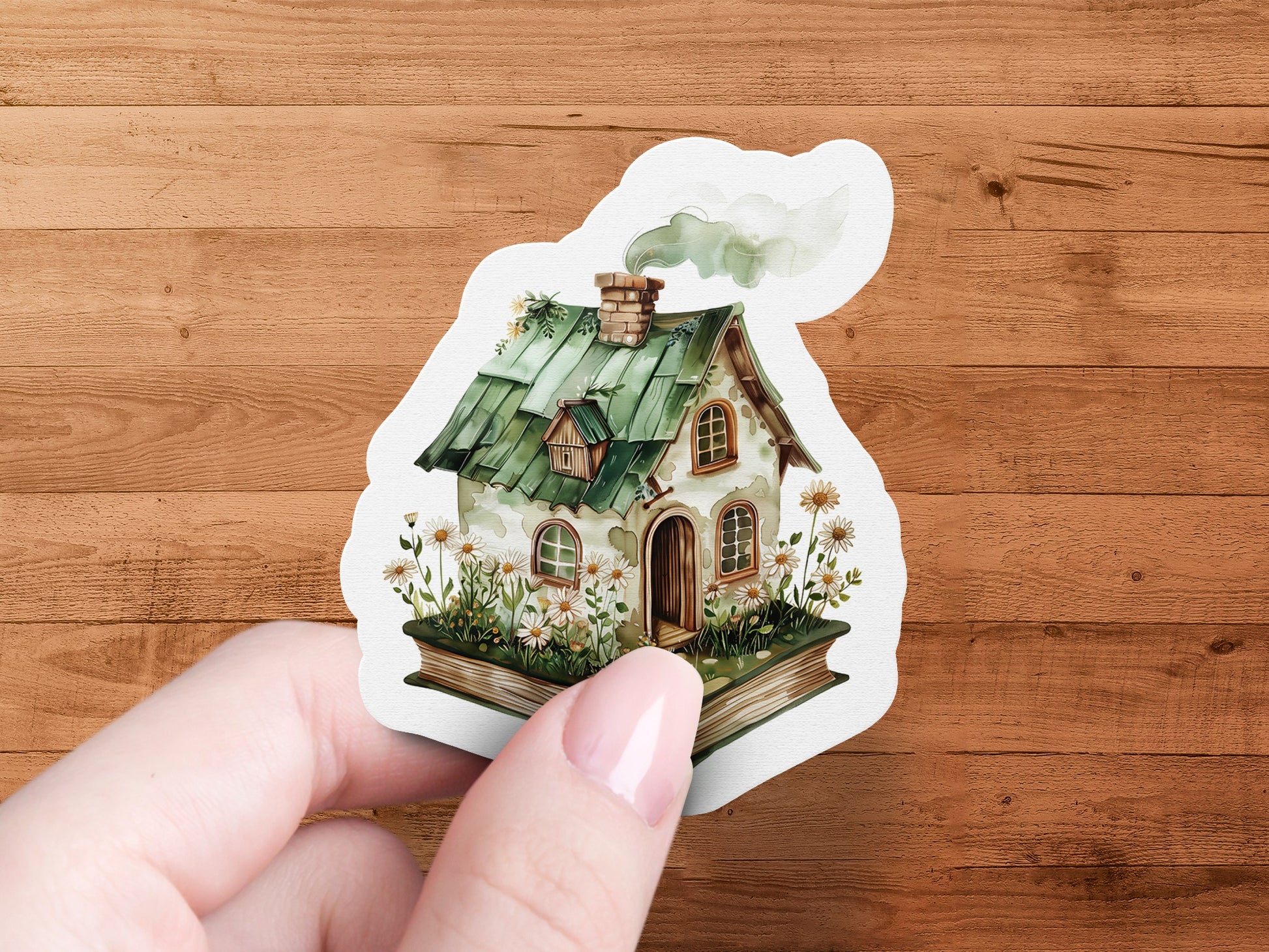 Whimsical cottage with flowers illustration sticker product type