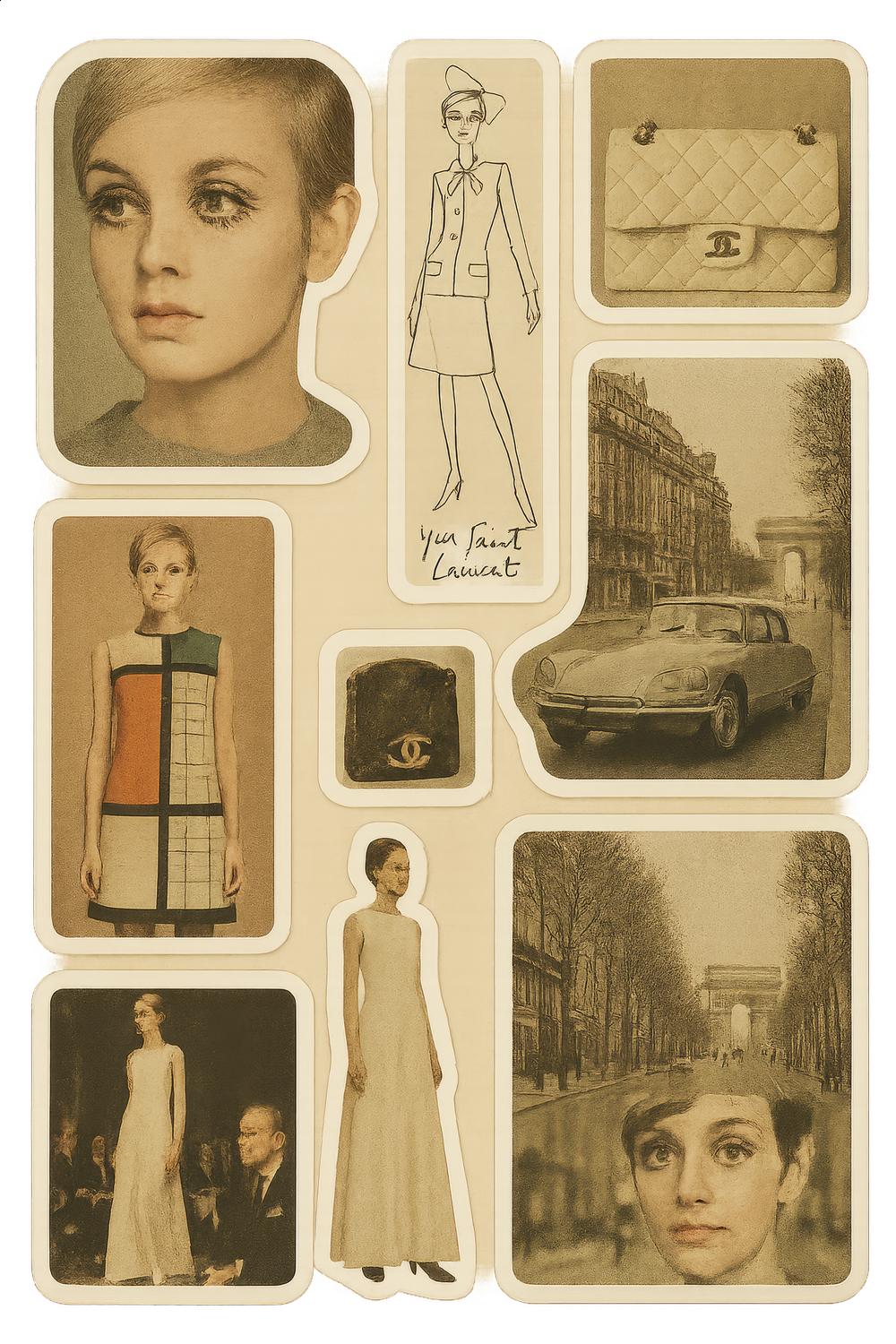 Vintage Fashion Collage Wall Art, Classic Car and Paris Street Style Prints, Yves Saint Laurent Inspired Decor