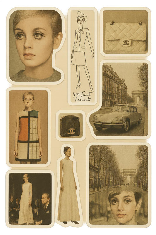 Vintage Fashion Collage Wall Art, Classic Car and Paris Street Style Prints, Yves Saint Laurent Inspired Decor