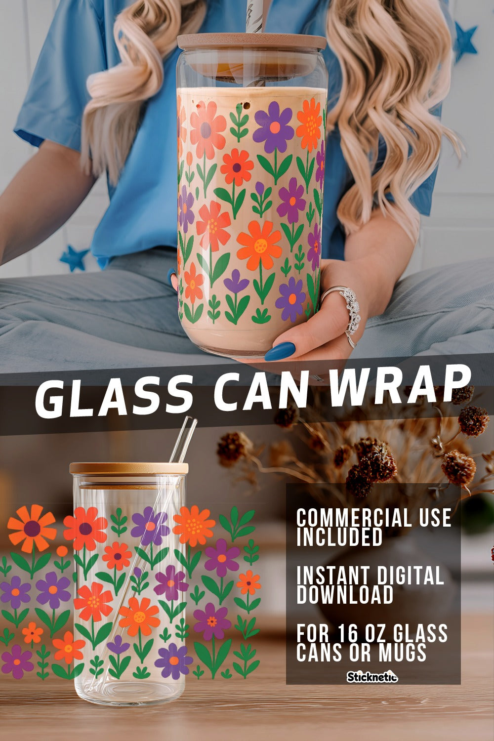 Floral Glass Can Wrap SVG, Digital Download for 16 oz Cans, Commercial Use, DIY Mug Decoration, Colorful Flower Design