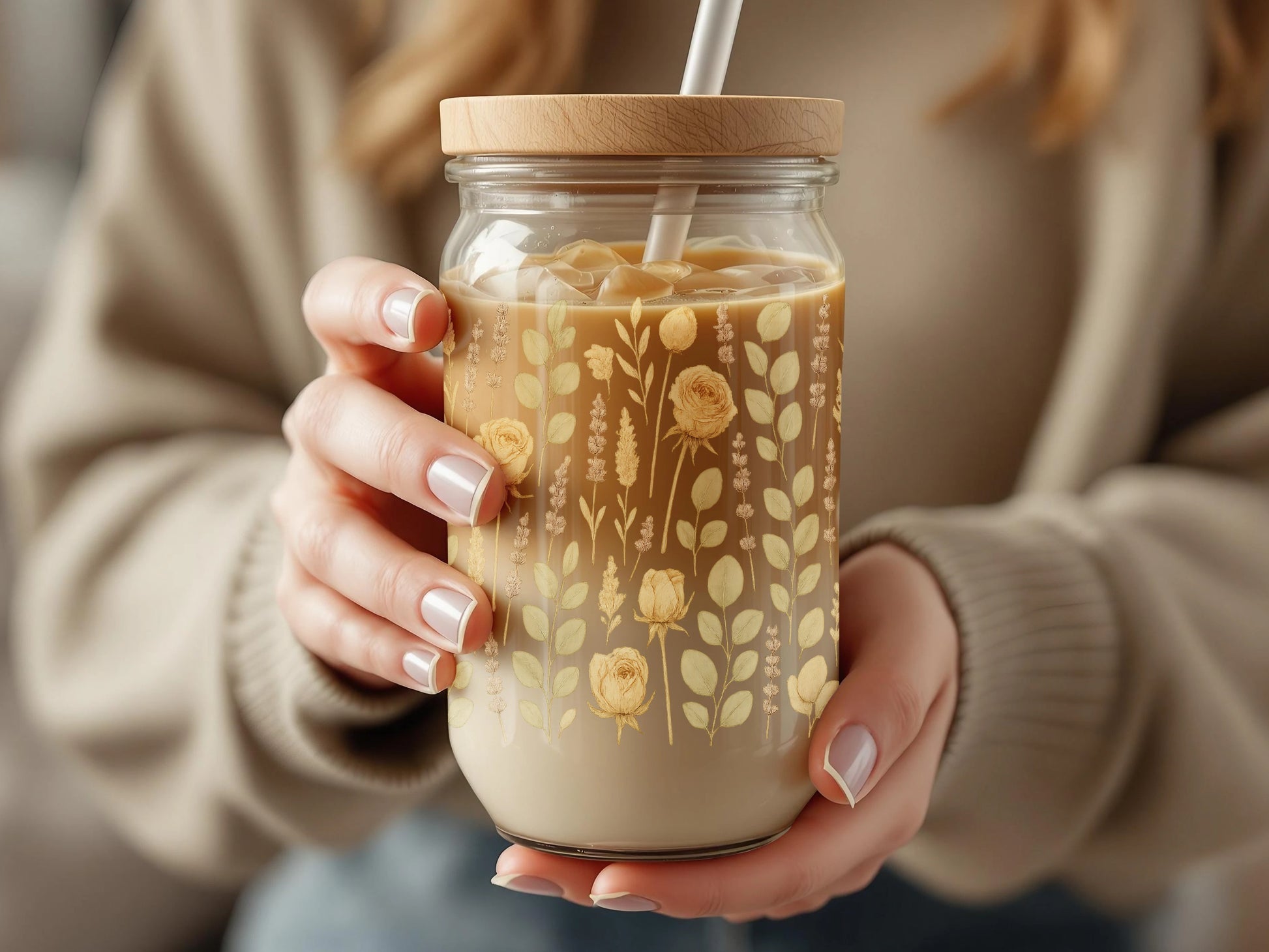 Floral Glass Mason Jar Tumbler, Reusable Coffee Cup with Straw, Eco-Friendly Drinkware, Gift Idea