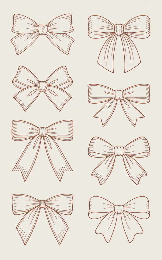 Set of 8 Vintage Bow Line Art Prints, Elegant Bow Illustrations for Wall Decor or Crafts