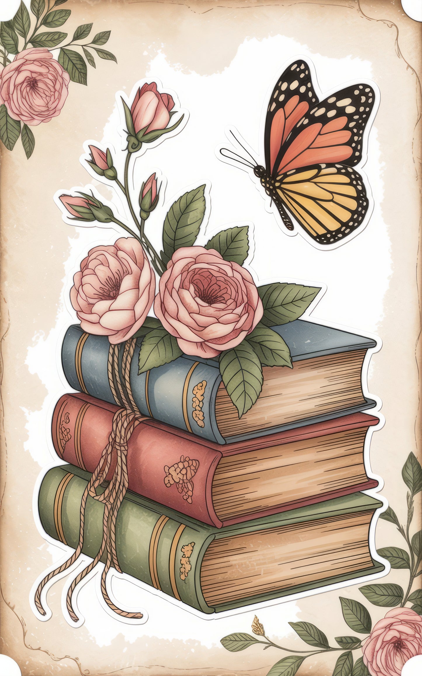 Vintage Style Floral Book Stack Art Print, Butterfly and Rose Illustration, Antique Book Decor Artwork, Botanical Home Library Wall Art