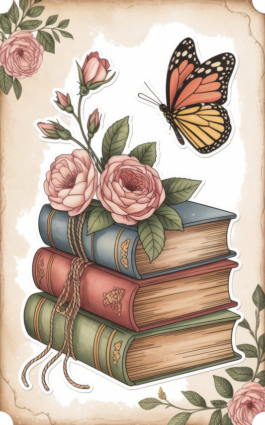 Vintage Style Floral Book Stack Art Print, Butterfly and Rose Illustration, Antique Book Decor Artwork, Botanical Home Library Wall Art
