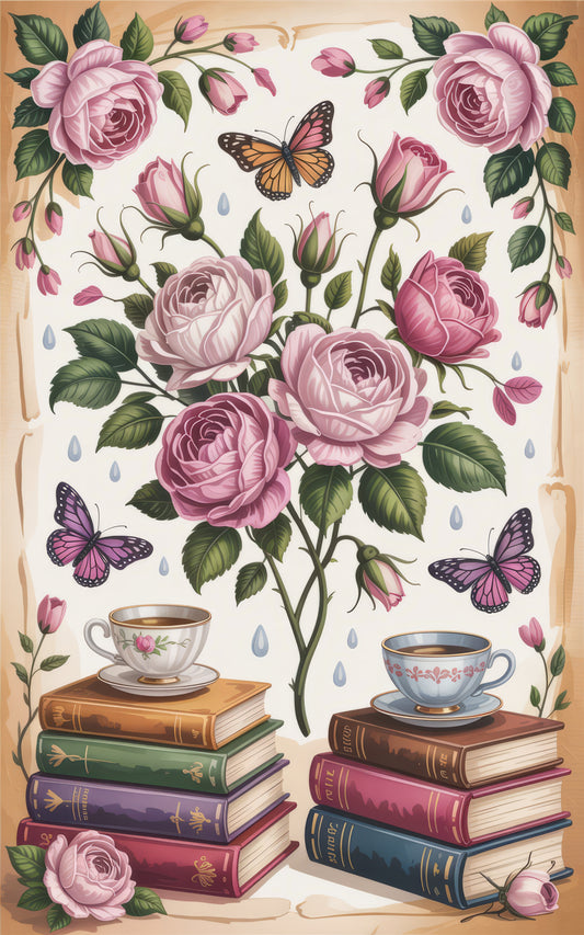 Vintage Floral and Butterfly Print, Classic Book Stack with Teacups, Romantic Shabby Chic Wall Art Decor