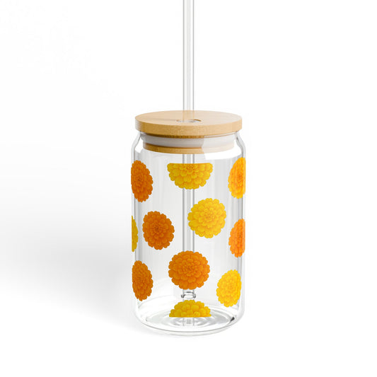 Colorful Marigold Flower Glass Jar, Hanging Kitchen Storage, Decorative Floral Container