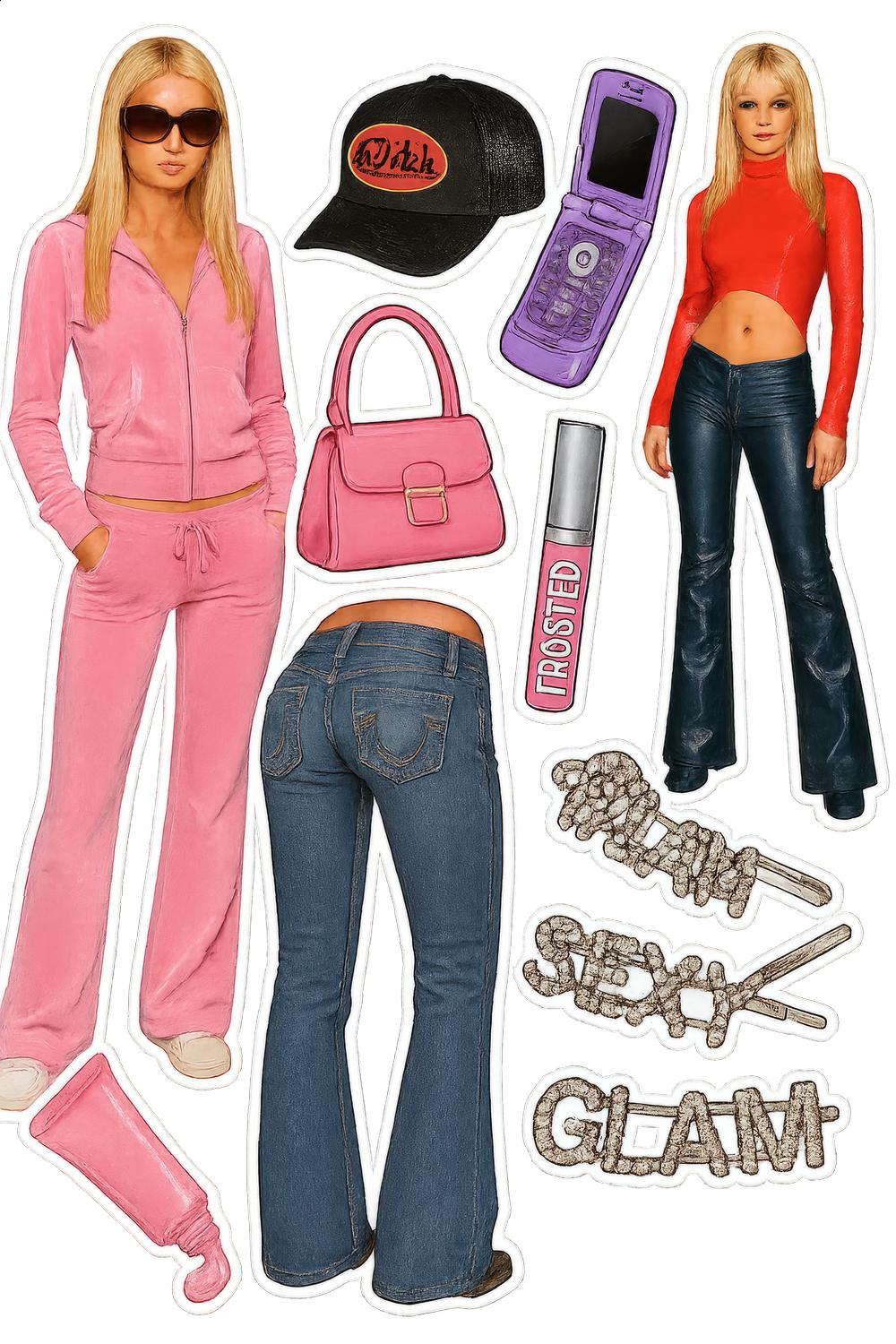 Y2K Fashion Sticker Pack, Pink Tracksuit, Flip Phone, Glam Accessories, Trendy Retro Outfit Decals