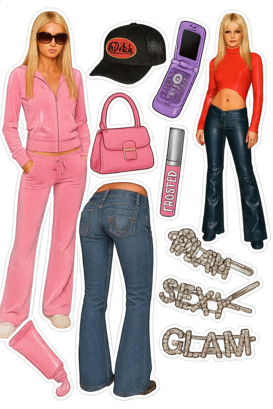 Y2K Fashion Sticker Pack, Pink Tracksuit, Flip Phone, Glam Accessories, Trendy Retro Outfit Decals