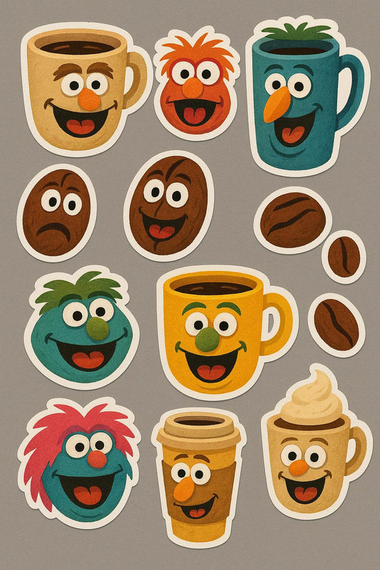Colorful Cartoon Coffee Mug Stickers, Cute Smiling Faces, Fun Beverage Decals, Set of 10, Gift for Coffee Lovers
