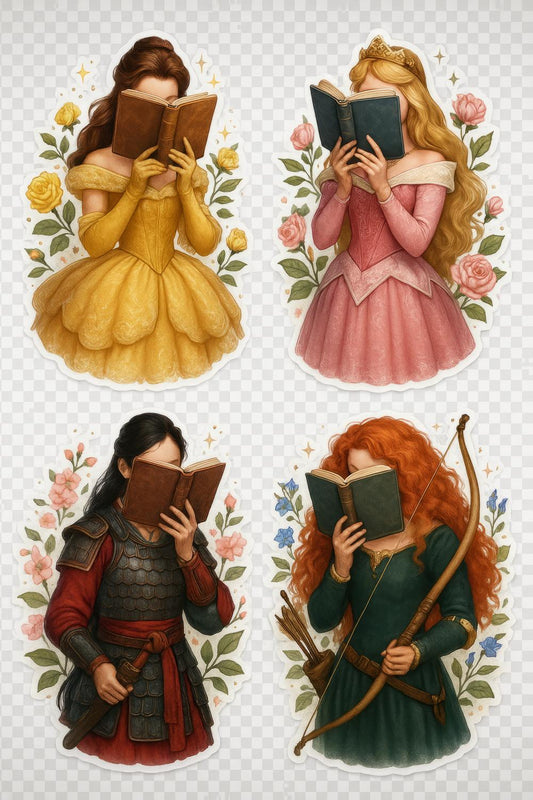 Fantasy Princess Art Prints, Set of Four, Storybook Characters Reading, Floral Background Illustrations